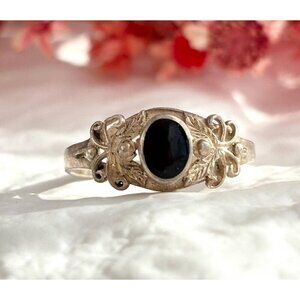 Art Deco Black Onyx Gemstone 925 Sterling Silver Vintage Ring - sz 8